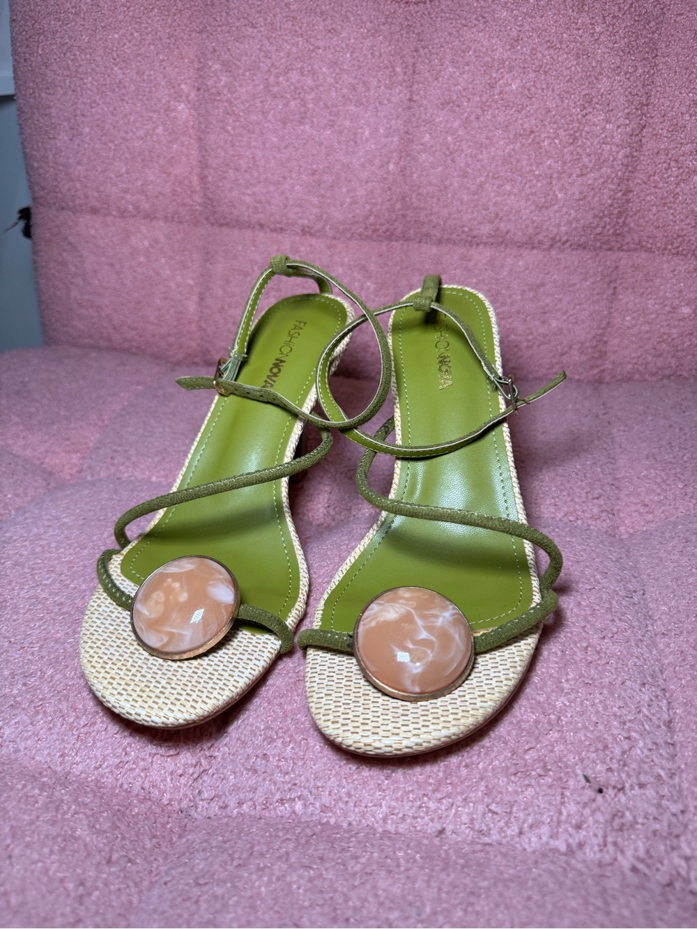Fashion Nova Olive Green Strappy Heels with Beige Marble Accent